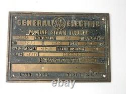 General Electric Marine Steam Turbine Lynn Mass Brass Plate Vintage Bin 29