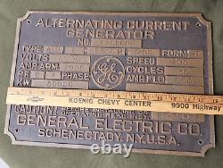 Massive Vintage General Electric GE Bronze Machine Plaque Sign AC Generator