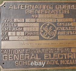 Massive Vintage General Electric GE Bronze Machine Plaque Sign AC Generator