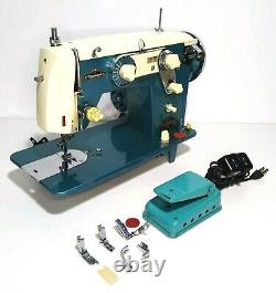 Universal AZZ Super Zig Zag Vintage Sewing Machine Blue W Pedal Tested & Works