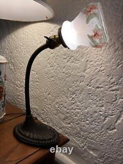 VINTAGE EAGLE Co. ART DECO/RETO Cast Iron Base Gooseneck Desk Lamp FLORAL GLASS