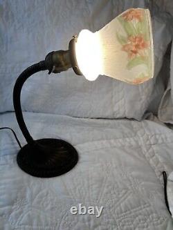 VINTAGE EAGLE Co. ART DECO/RETO Cast Iron Base Gooseneck Desk Lamp FLORAL GLASS