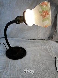 VINTAGE EAGLE Co. ART DECO/RETO Cast Iron Base Gooseneck Desk Lamp FLORAL GLASS