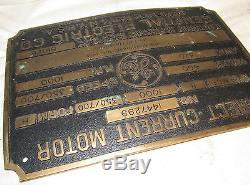 Vintage GE GENERAL ELECTRIC Heavy Brass Industrial Motor Plate/Sign/Plaque J918
