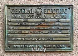 Vintage Metal Plaque Badge Tag General Electric Marine Direct Current Generator