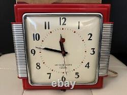 Vtg 1940's GE Telechron Red Silver Electric Wall Clock In Original Box 2HA43