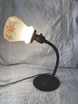 LAMPE DE BUREAU GOOSENECK EN FONTE ART DÉCO/RETRO VINTAGE EAGLE Co. AVEC GLACE FLORALE