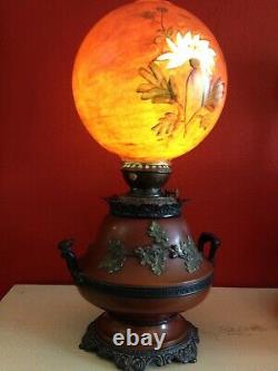 Magnifique Grand Vintage Ornate Parlor Kerosene Lampe À Huile Électrique Peint Shade