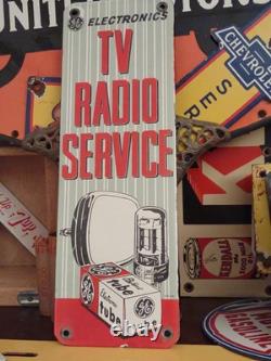 Panneau en Porcelaine Métal Vintage de Revendeur de Radio TV GE Service de Réparation de Tubes Rare