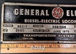 Plaque de constructeur de locomotive Vintage General Electric GE B823-7 1979 Erie, PA USA