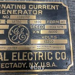 Plaque en métal vintage GE General Electric Générateur de courant alternatif 1918