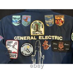 Veste vintage General Electric Trident Launch Team bleue à boutons-pression, taille S, avec 35 patchs