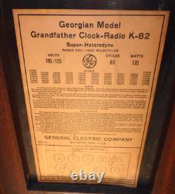Vintage Ge Ge Ge Ge General Electric K-82 Grandfather Clock Radio Non Testé Avec Tous Les Tubes