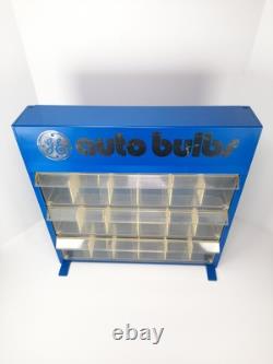 Vitrine de présentation de lampes auto vintage GE avec tous les diviseurs de tiroirs